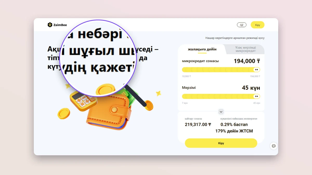 ZaimBee рәсімдеу беті